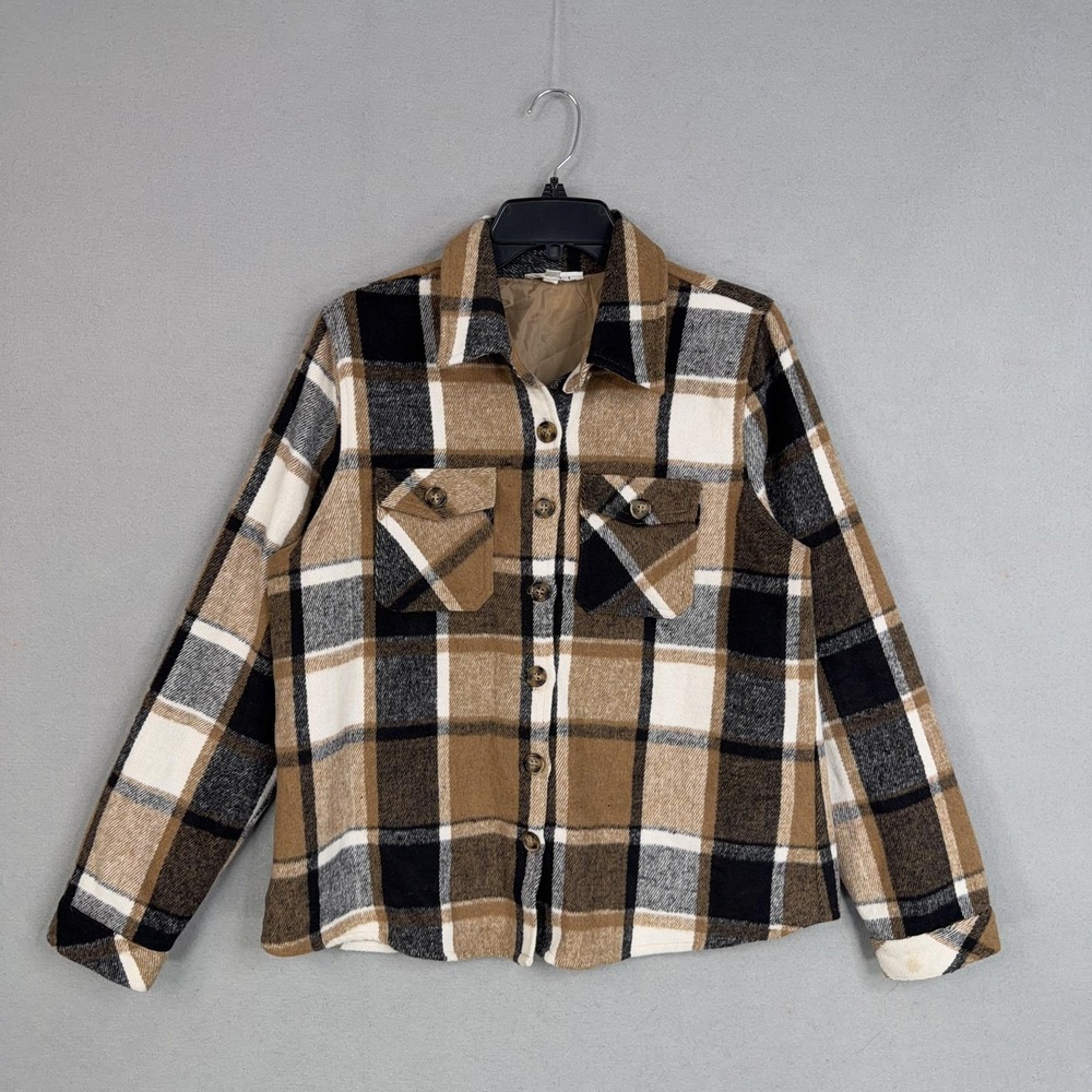 THML Jacket Womens Medium Brown Plaid Flannel Shirt Shacket Button Lined Cabin